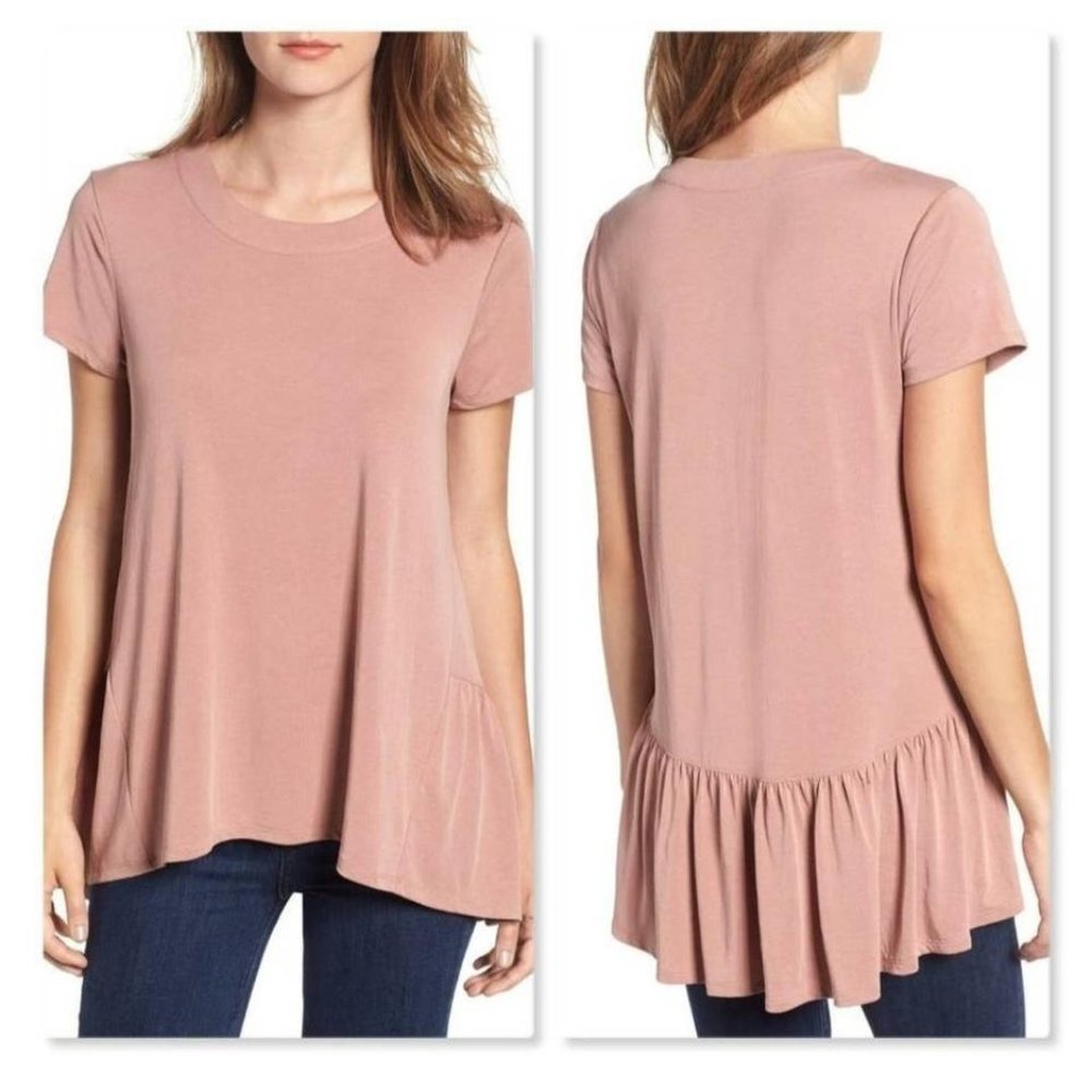 Nordstrom S Hi/Lo Ruffle Back Hem Tee Short Sleeve Shirt Pink Tan